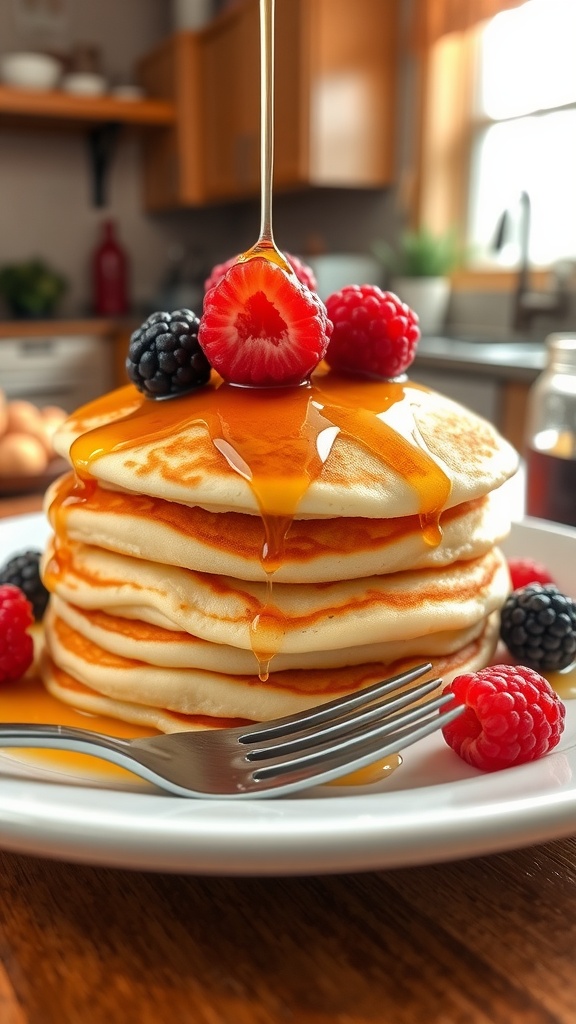 Fluffy pancakes topped with berries and syrup on a plate in a cozy kitchen.